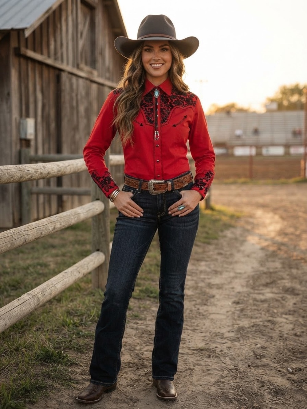 Scully Red Western Embroidered Women's Boot Cut Top